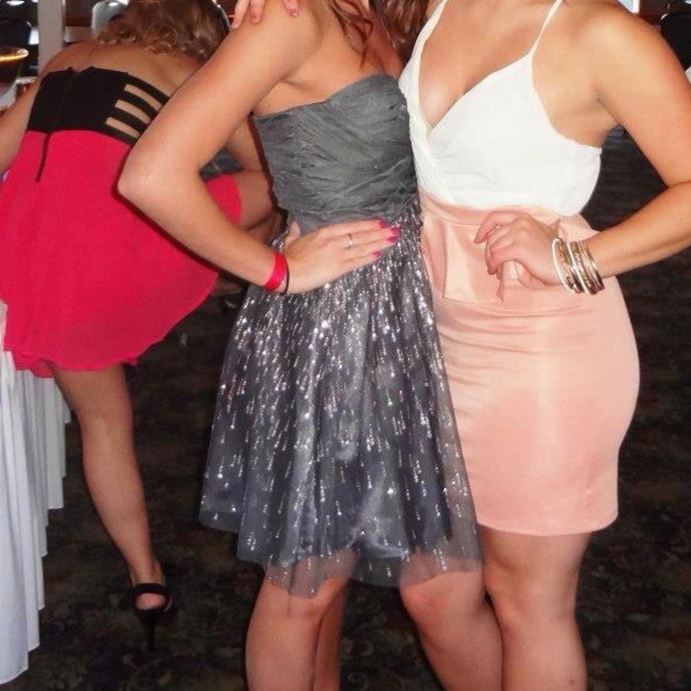 Strapless formal silver dress